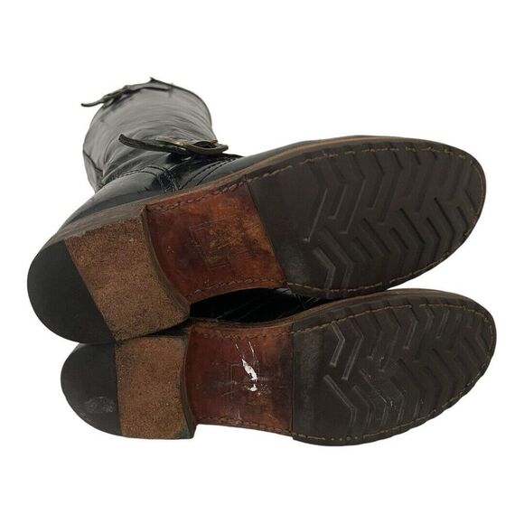 Frye Size 7 Veronica Slouch Tall Distressed Black Patent Leather Biker Boots - Picture 6 of 8